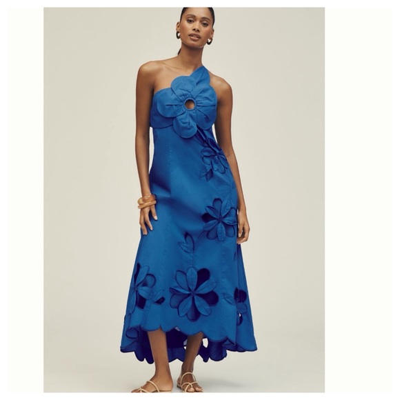 NWT Anthropologie One-Shoulder Cutwork  Cutouts 3D Flower Blue Midi Dress - Picture 5 of 16
